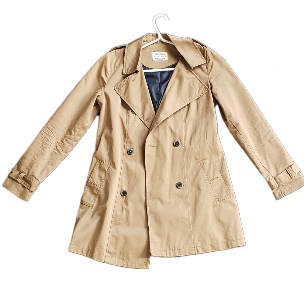 Bershka Double-Breasted Trench Coat In Camel Tam W/ Navy Silk Feel Lining